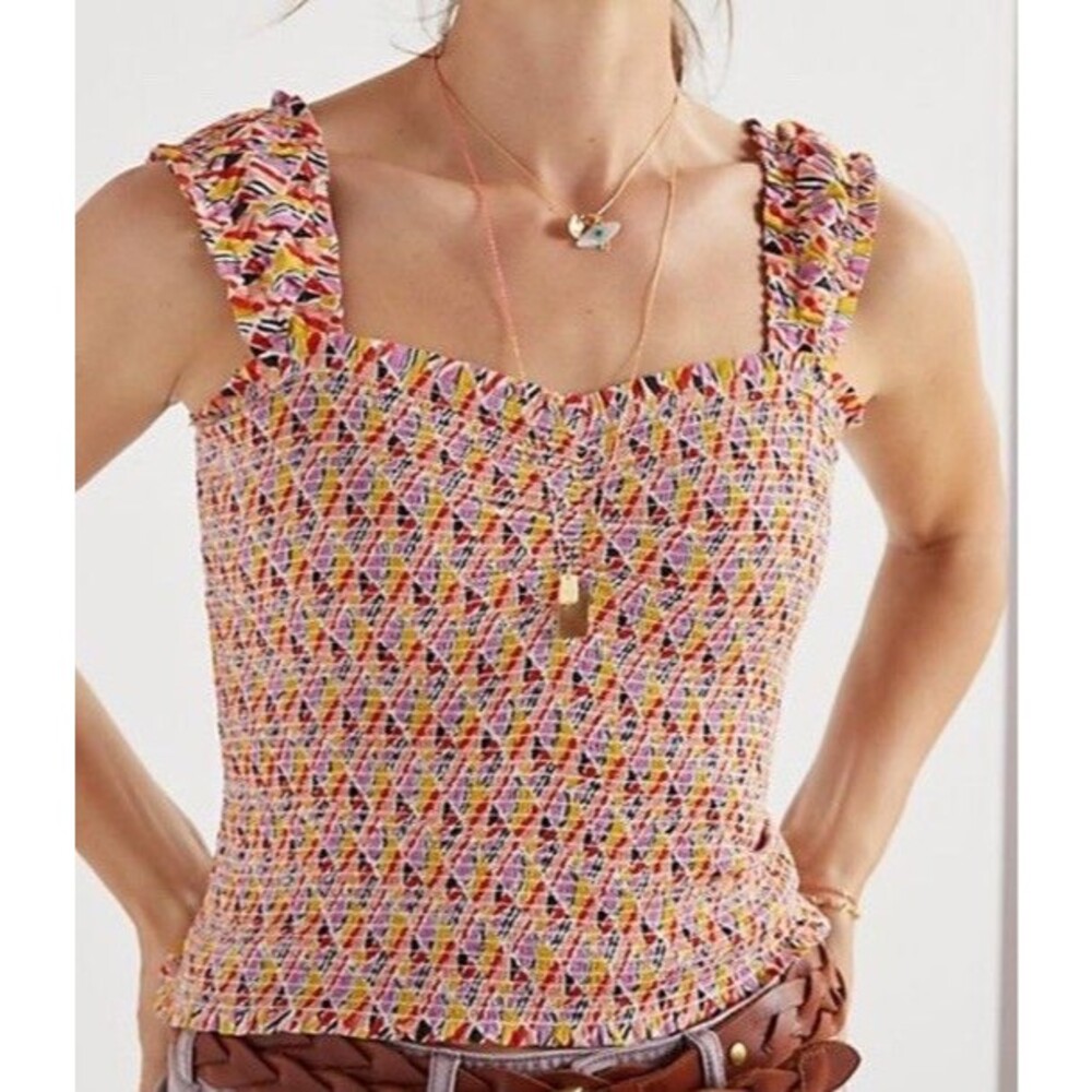 Anthropologie Maeve Size M Smocked Tank Top Feminine Diamond Pattern